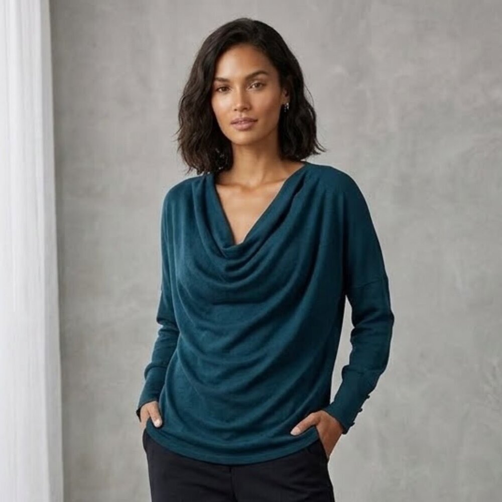 Teal Green Draped Cowl Neck Sweater